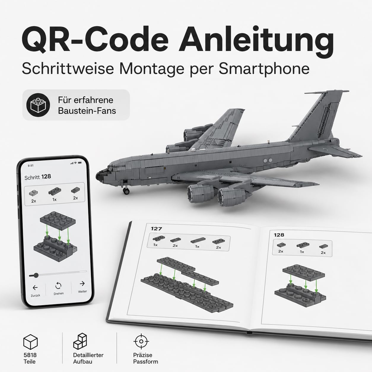 KC-135 Militär Luftfahrzeug Klemmbausteine Modular, MOC Armee Flugzeug Modellbausatz, Flugzeugbetankung Modell für Erwachsene 16+, Dekorationen 5818 Telie