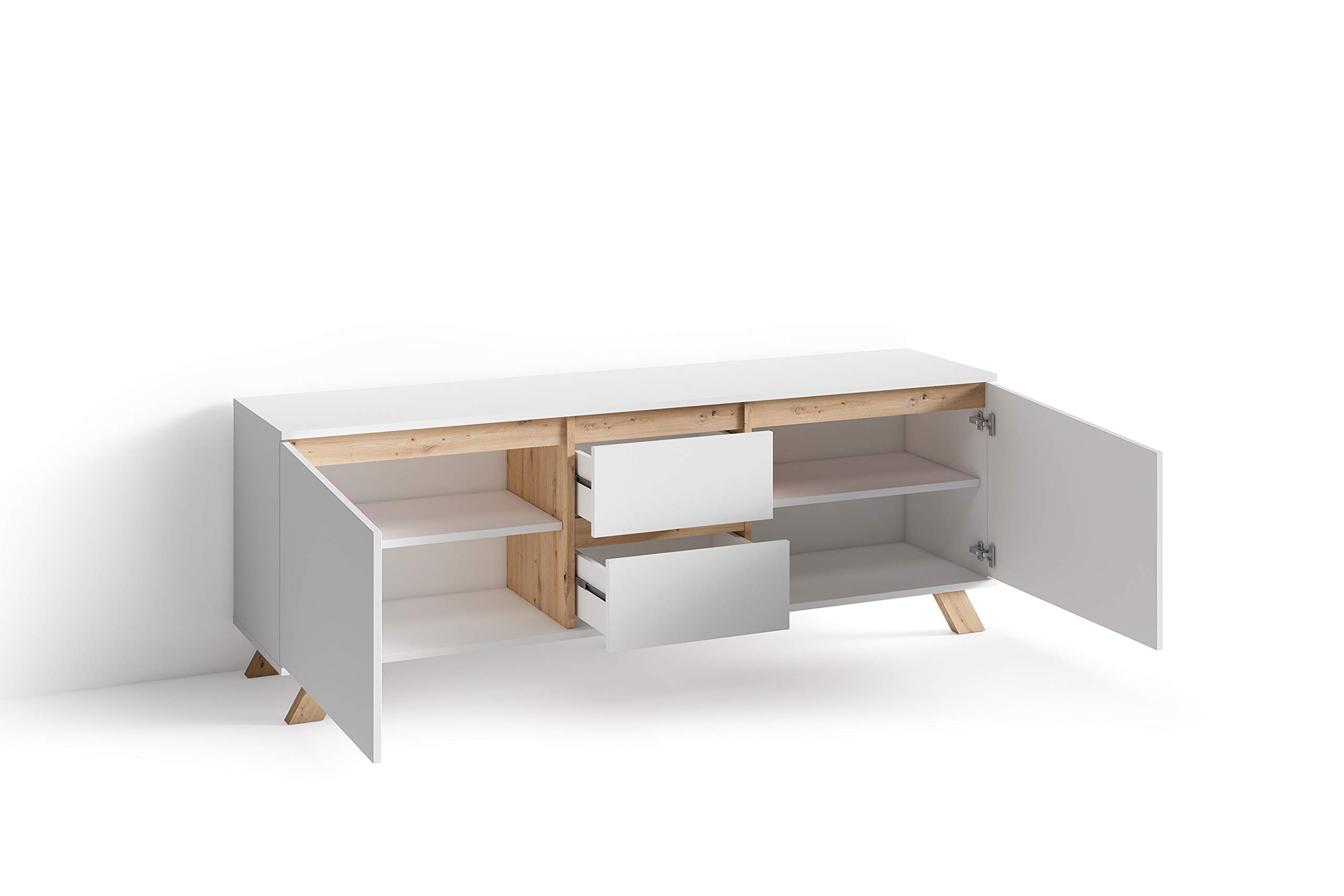 byLIVING TV-Board Valentin, Fernsehtisch mit 2 Türen und 2 Schubkästen | Lowboard matt weiß mit Absetzung in Eiche-Optik, Fernsehschrank im Scandi-Style, Grifflos, B 160, H 60, T 38 cm