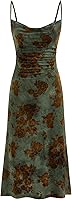 CIDER Women's Velvet Floral Sleeveless Spaghetti Strap Ruched Midi Dress - Club Party Wedding Guest
