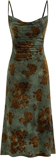 CIDER Women's Velvet Floral Sleeveless Spaghetti Strap Ruched Midi Dress - Club Party Wedding Guest