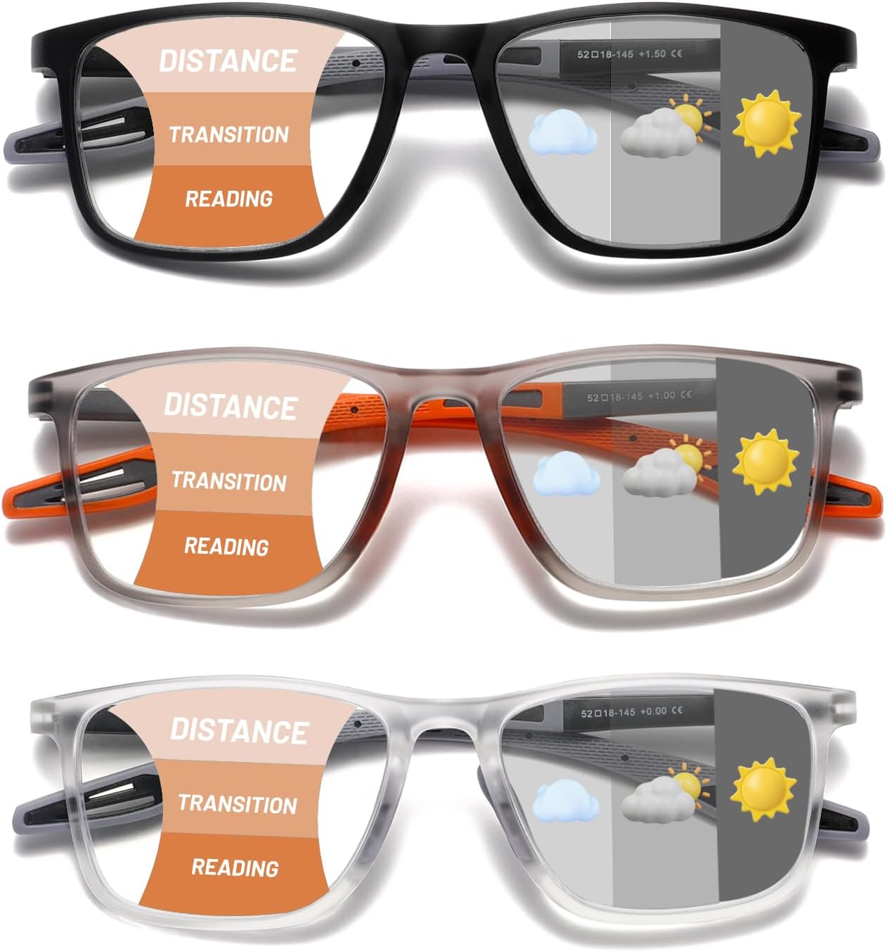 Hubeye Photochromic Progressive Reading Glasses for Men and Women Ultralight Flexible Anti-Blue Light Readers(Clear+Black+Orange,+1.5)