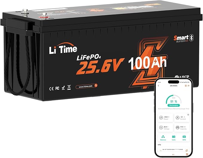 Batterie LiTime 24V 100Ah LiFePO4 - 2560Wh, Parfaite Solaire, Camping-car, Bateau