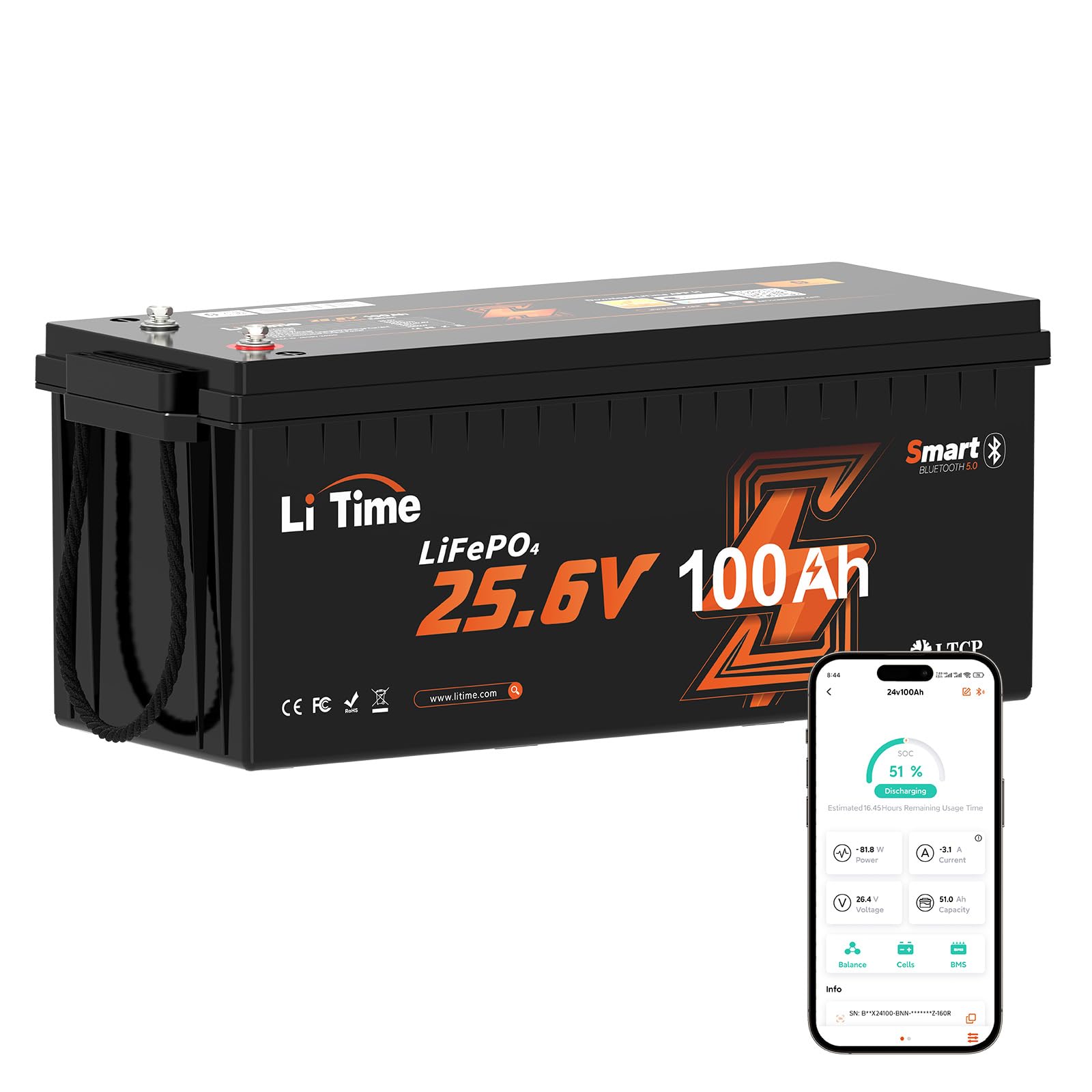 LiTime 24V 100Ah Bluetooth LiFePO4 Lithium Battery for Marine, RV, Off-grid
