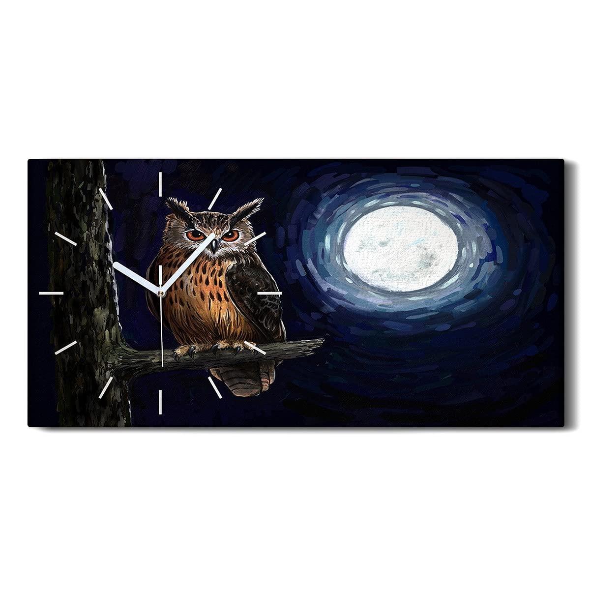 Horloge sur Toile 60x30cm Branche d'arbre Owl Night Moon - Décoration Murale Moderne