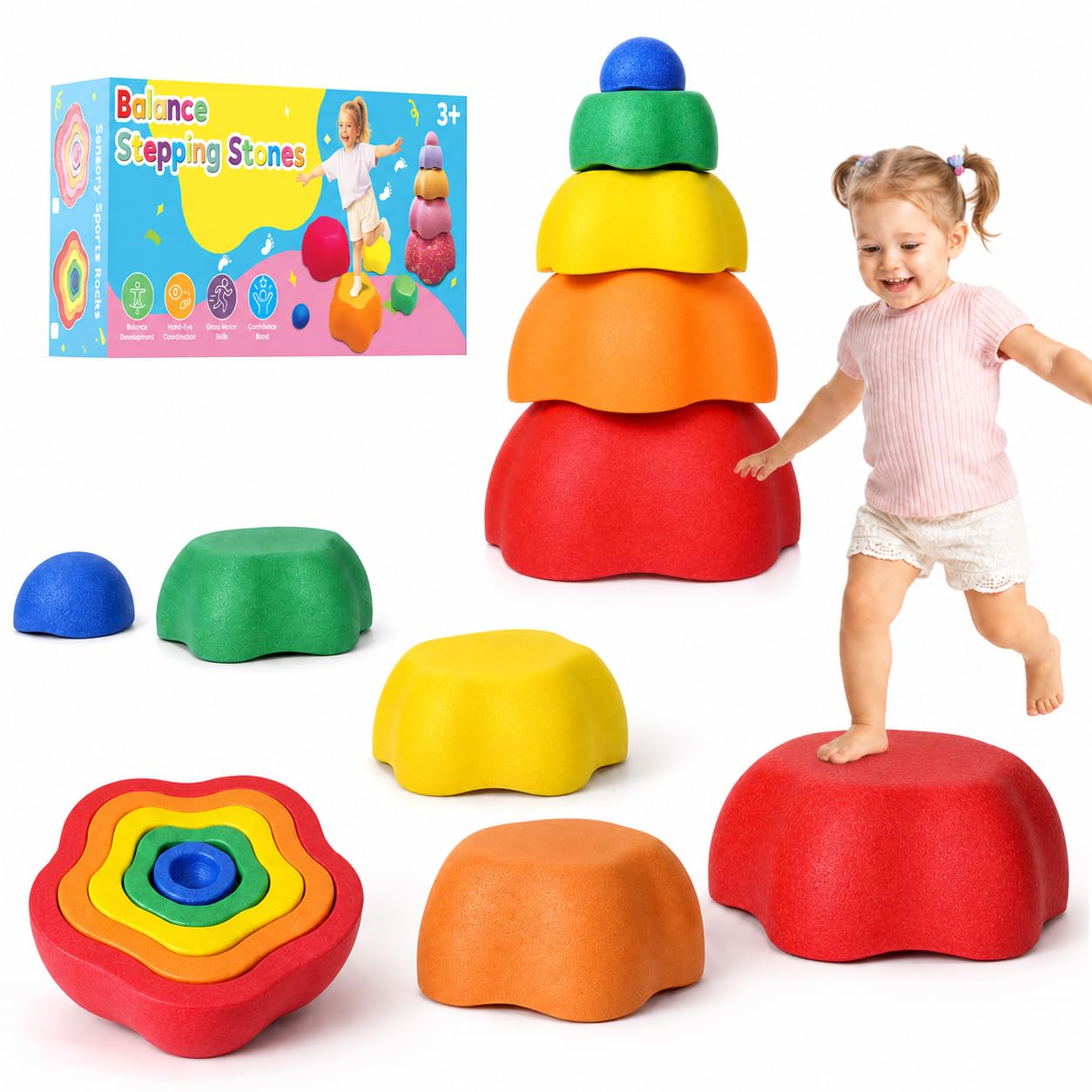 Anginne Rainbow Balance Stones 5Pcs, Stackable Sensory Toys for Toddlers