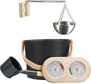 7L Luxurious Sauna Accessories Kit, Practical Complete Finnish Sauna Aluminum Bucket Set with Ladle, Thermometer/Hygrometer, Sauna Aromatherapy Oil Cup, Great for Sauna and Spa