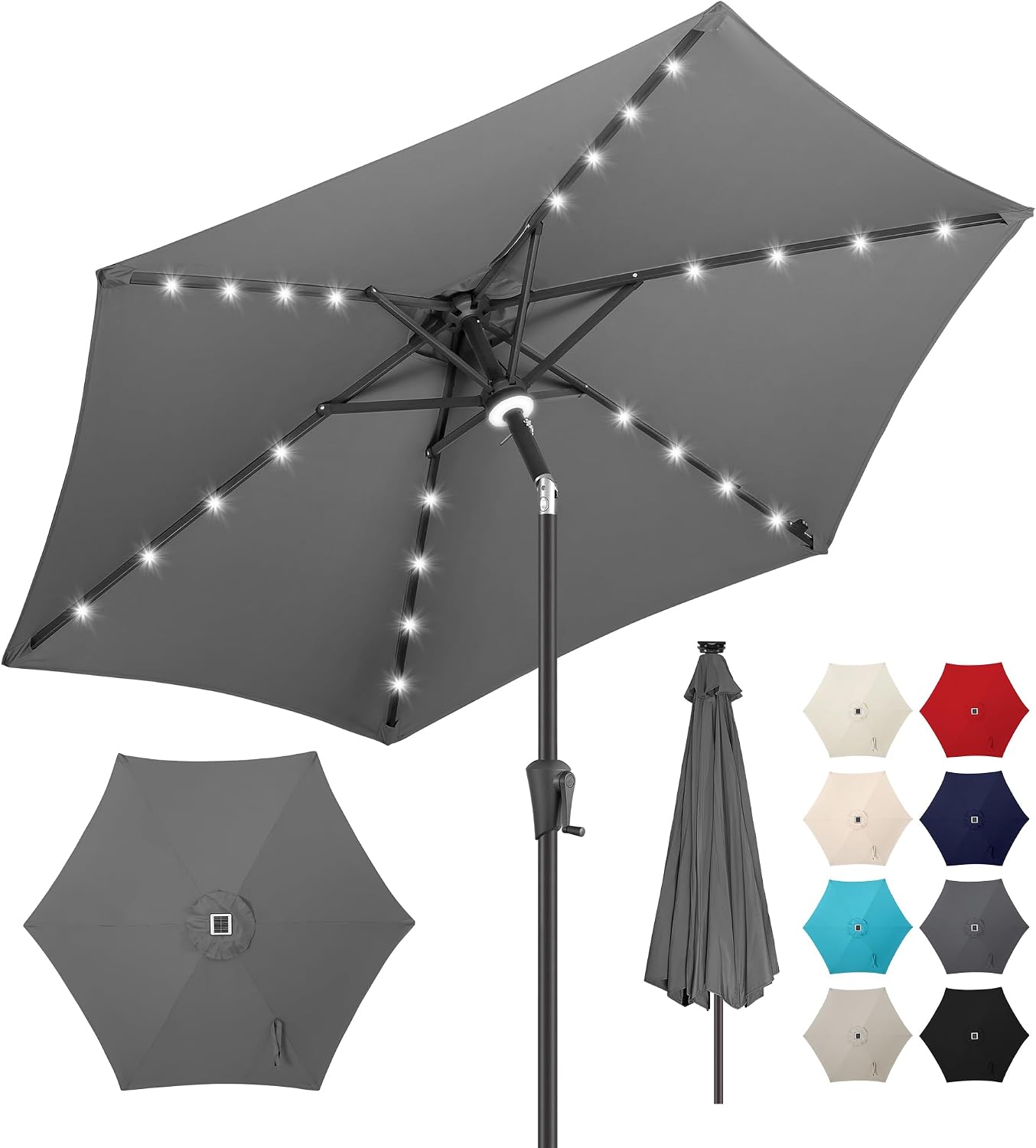 10ft solar patio umbrella - outdoor umbrella with centre surround light 24 led beads, market table umbrella with tilt & crank for pool, porch, garden, deck, backyard uv protection(anthracite) 10 ft anthracite