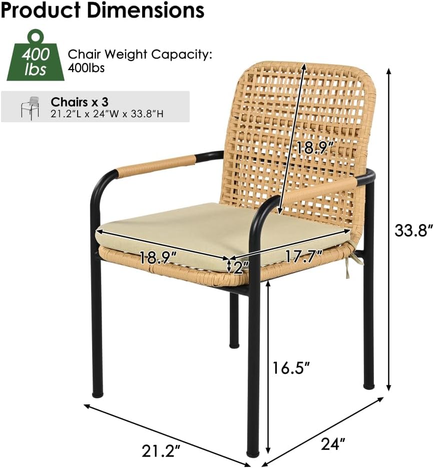 3-Piece Outdoor Dining Chairs Set, Rattan Backrest Patio Chairs with Removable Oatmeal Cushions, 400 lbs Capacity, All-Weather Wicker Chairs for Garden, Backyard and Porch (Beige)
