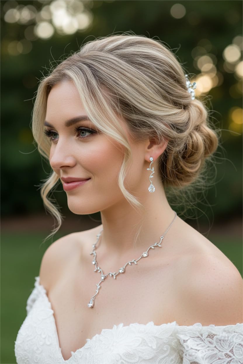 Silber Zirkonia Schmuckset Halskette und Ohrringe Florales Tropfen Design Strass Brautschmuck Collier Armband Hochzeit Kommunion Abiball