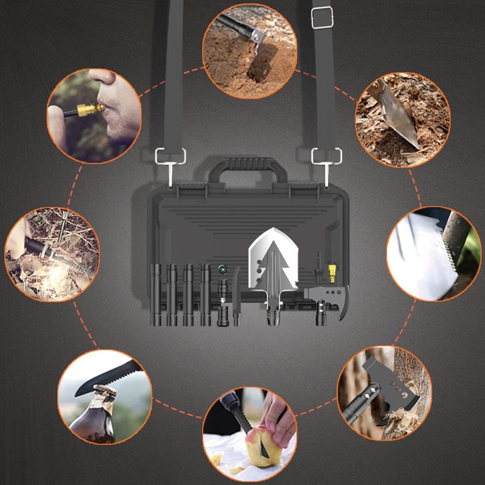 YANTOO Multipurpose Camping Tool Kit, Professional Vehicle Rescue Tool Box, Military Folding Shovel, with Axe, Compass, Screwdriver, Fire Starter, Carrying Case.