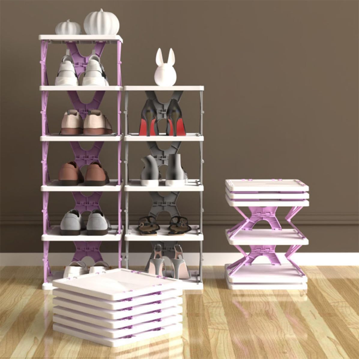 Purple Folding Shoe Organizer Rack with Multi-Layer Design and Non-Slip Texture, Portable Plastic Shoe Storage Shelf for Bedroom or Bathroom