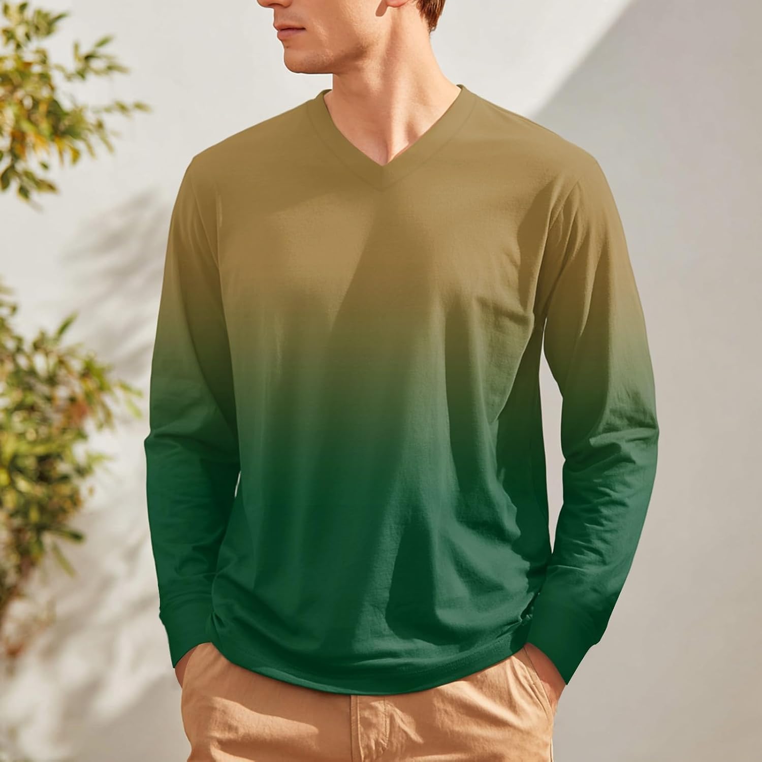 Ymosrh Men's Casual Gradient Color T Shirts Long Sleeve V Neck Basic Daily Tee Tops, M-3XL