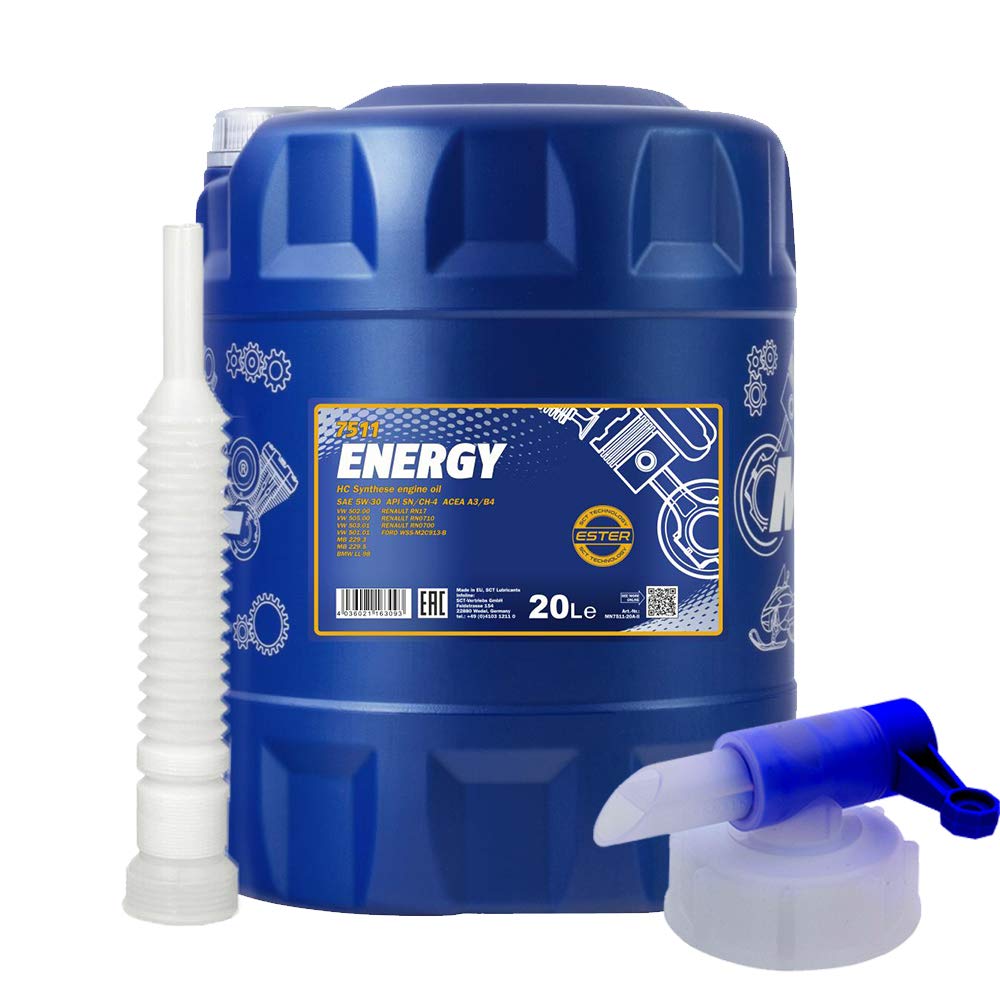 20 Liter, MANNOL 7511 Energy 5W-30 Motoröl + Ausgießer + Zapfhahn