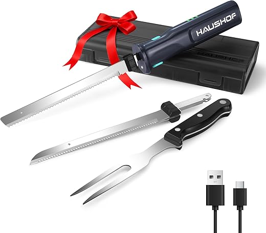 HAUSHOF Cordless Electric Carving Knife Set - 8V Rechargeable with 2 Stainless Steel Blades & Fork - Essential for Thanksgiving...