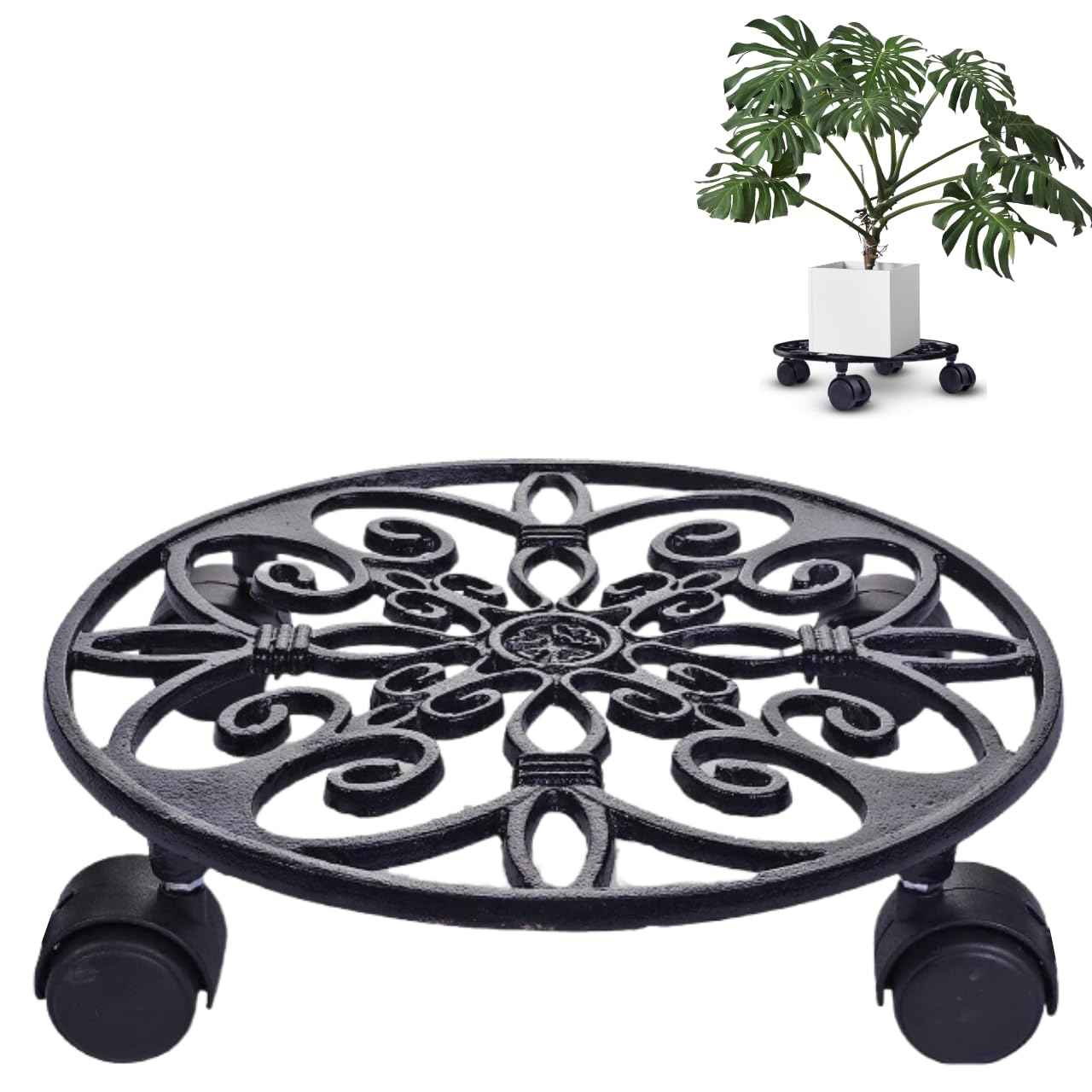 ecofynd SpinX Round Metal Plant Stand for Indoor & Outdoor Pots, Rolling Wheels Metal Potted Plant Holder for House, Garden & Patio (Pack of 1, Black, PS015)