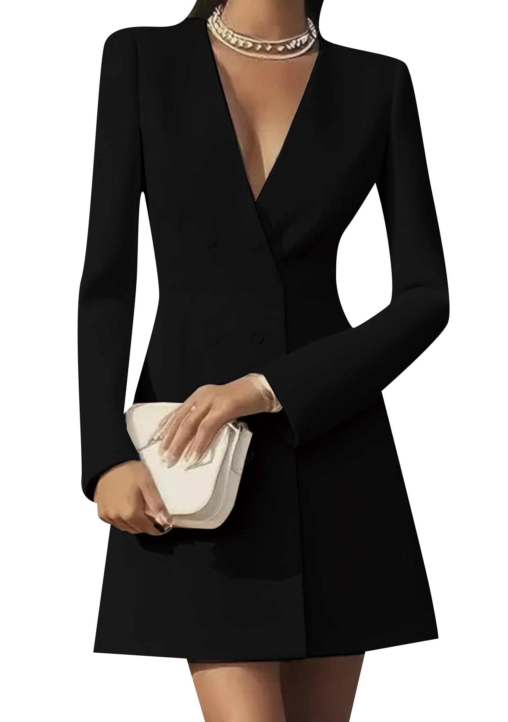 WIWIQS Women Trendy Long Sleeve Elegant Suit Jackets Professional V Neck Double Breasted Casual Blazer Dresses