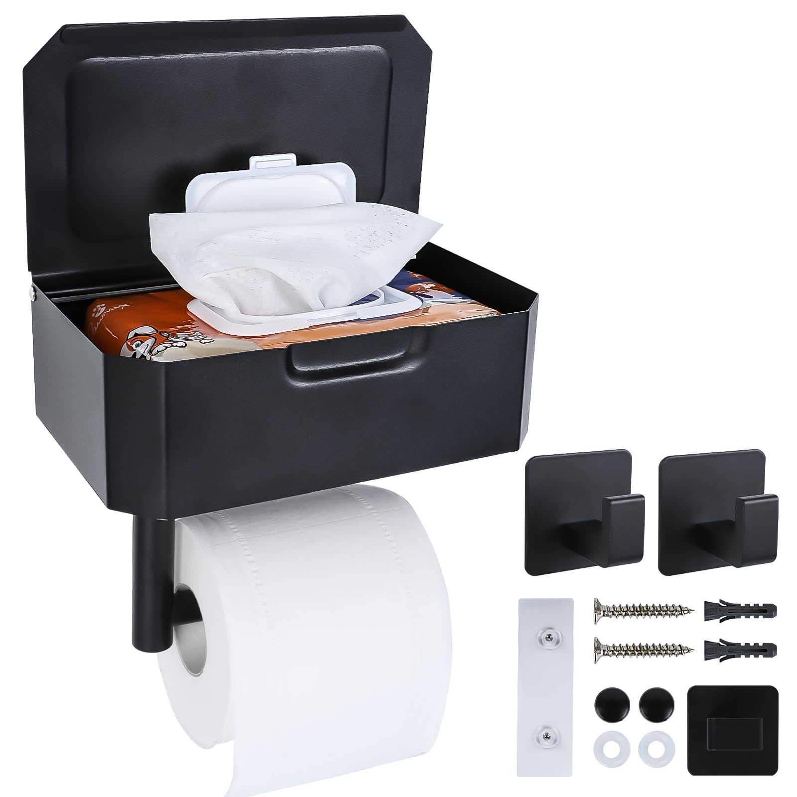 Cozary Toilet Roll Holder No Drilling Toilet Paper Holder with Wet Wipes Box Stainless Steel Self-Adhesive Toilet Paper Holder with Shelf for Bathroom Black