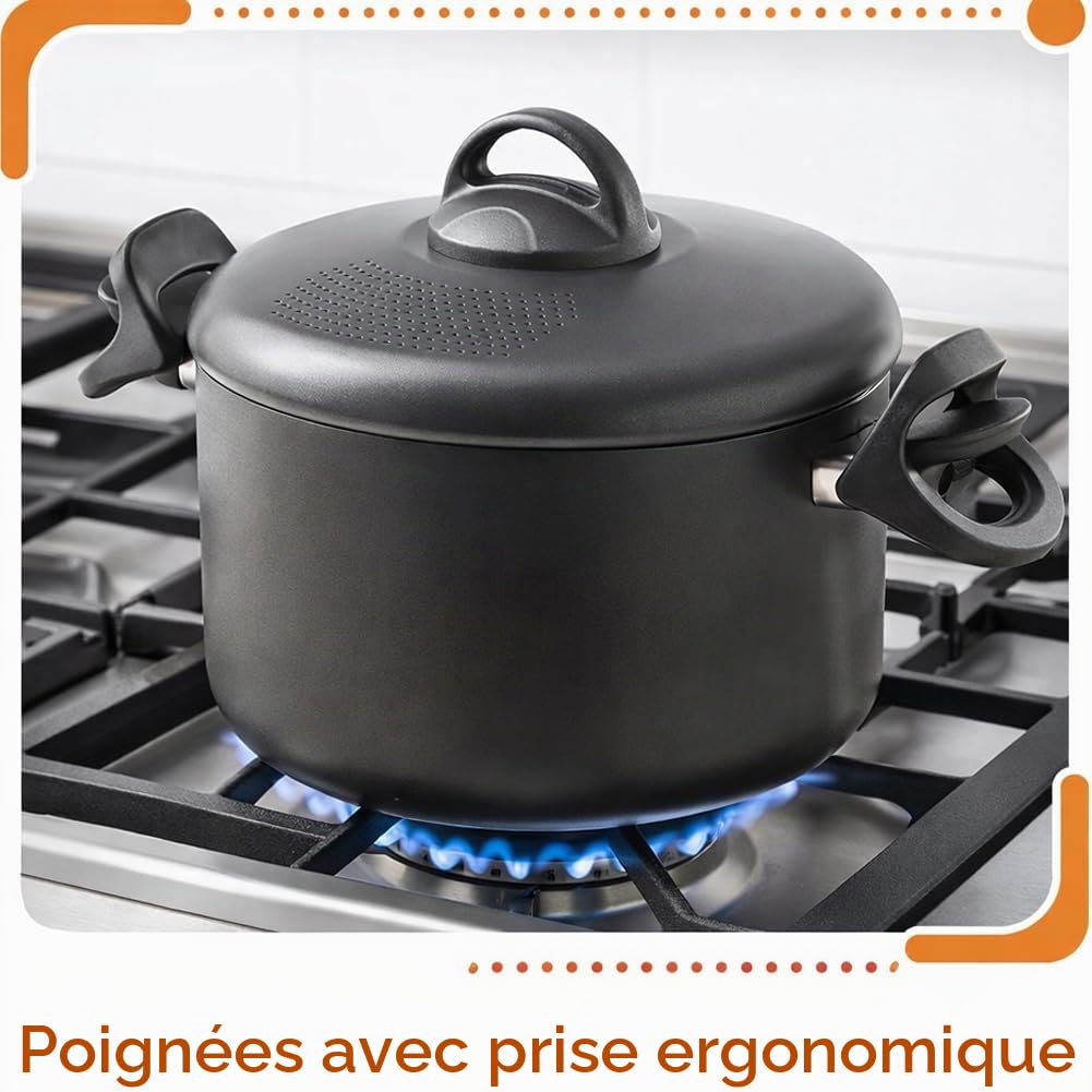 BAKAJI Casserole Scolì de 22 cm avec passoire intégrée et poignées mobiles et ergonomiques, casserole antiadhésive en aluminium avec poignées bloquantes, sûre et pratique, idéale pour les pâtes
