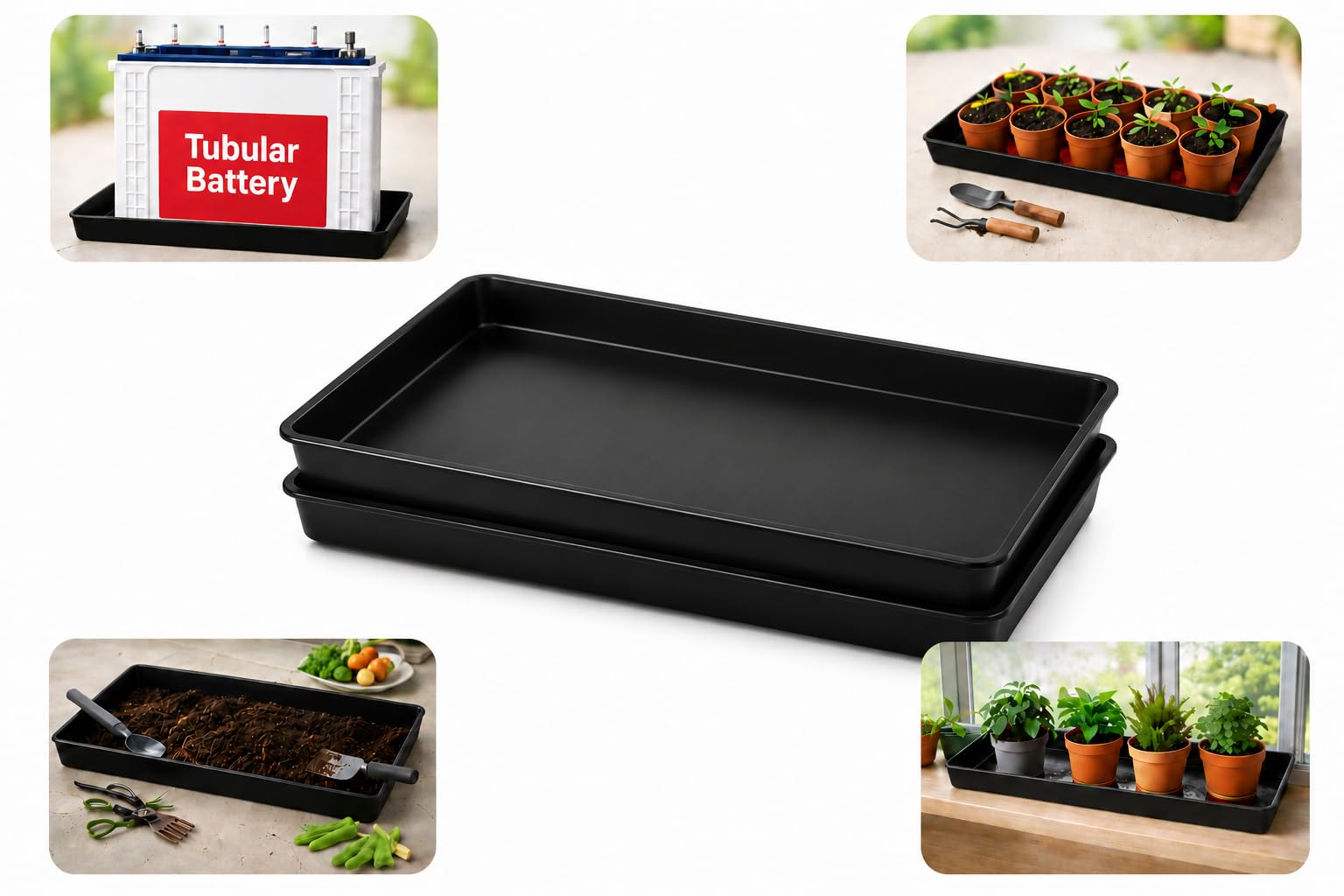 Set of 2 Heavy Duty Plastic Utility Trays for Tubular Battery, Plant Pots, Seedlings & Nursery | Drip Water Collection, Gardening & Soil Mixing | Black Colour (2 Set Tray)-image-17
