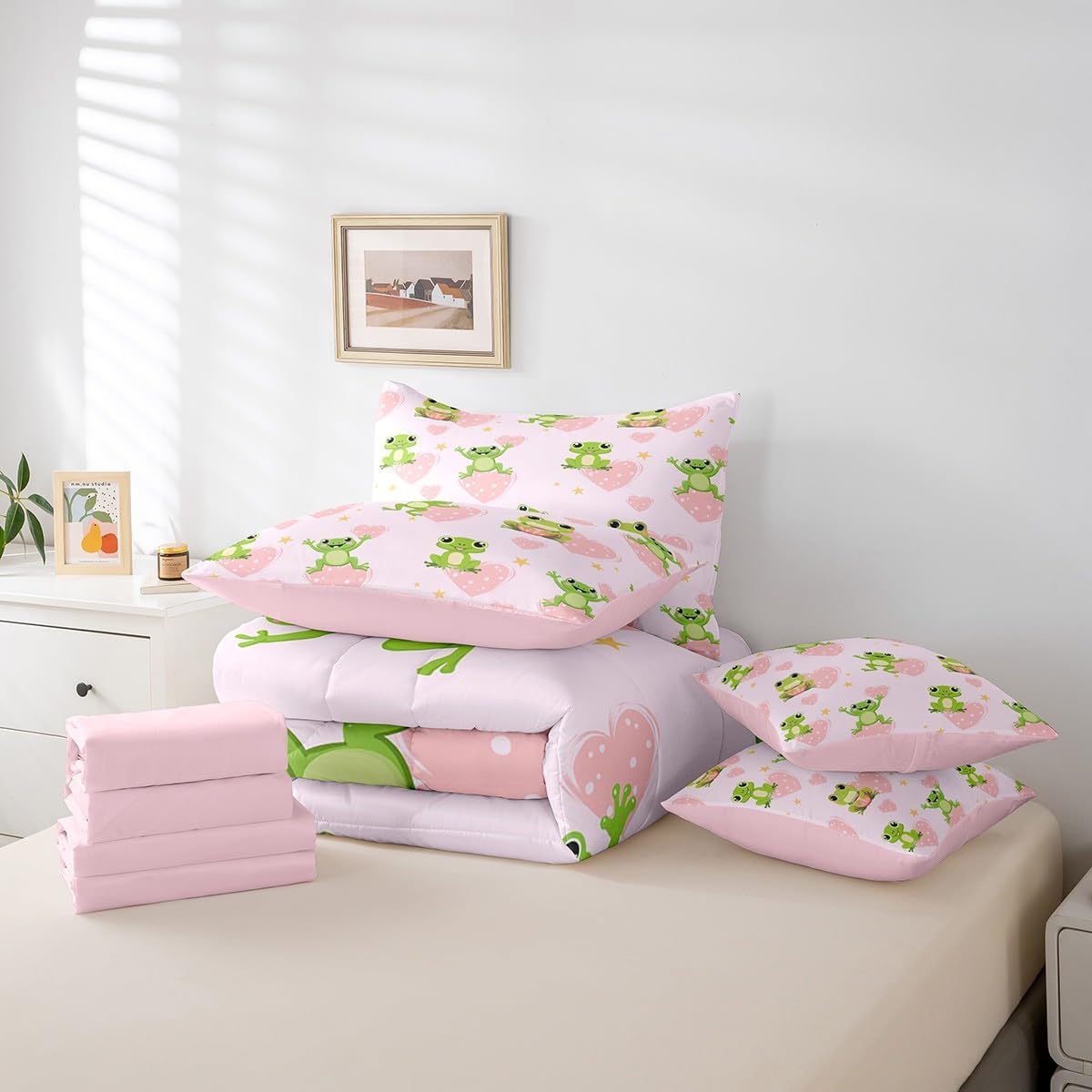 Erosebridal Twin Bed in a Bag Cartoon Frog Comforter Set with Sheets 7Pieces All Season Amphibians Bedding Sets with Comforter, Cushion Covers, Flat Sheet, Fitted Sheet and Pillowcase