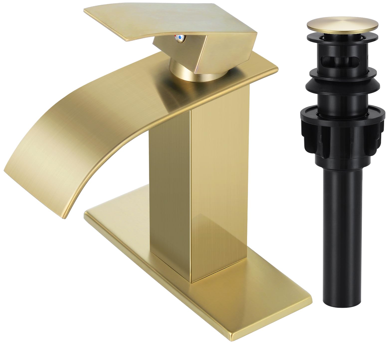 Qomolangma Waterfall Bathroom Faucet, Brushed Gold Modern Single Handle Bathroom Faucets for 1 or 3 Hole Bathroom Sink Faucet Mixer Tap Washbasin Faucet with Deck, Pop-up Drain and Supply Hoses