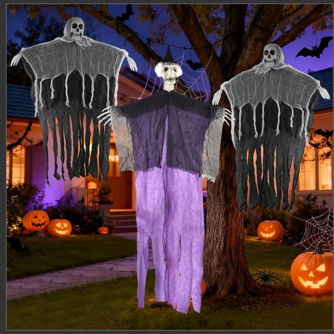 CEOTIS Halloween hängende Skelett-Geister-Dekorationen, 3 Stück, Sensenmann-Requisiten, 85 cm, 120 cm, für drinnen und draußen, Spukhaus-Dekoration