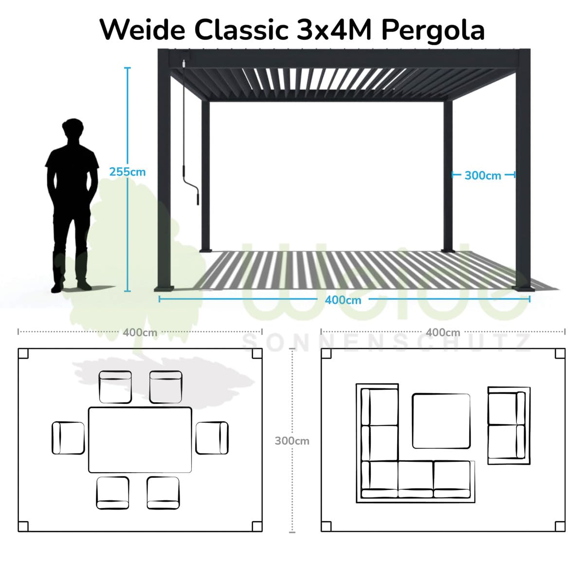 Weide Classic Pergola Aluminium freistehend 4 x 6 M Lamellendach Anthrazit Anthrazit