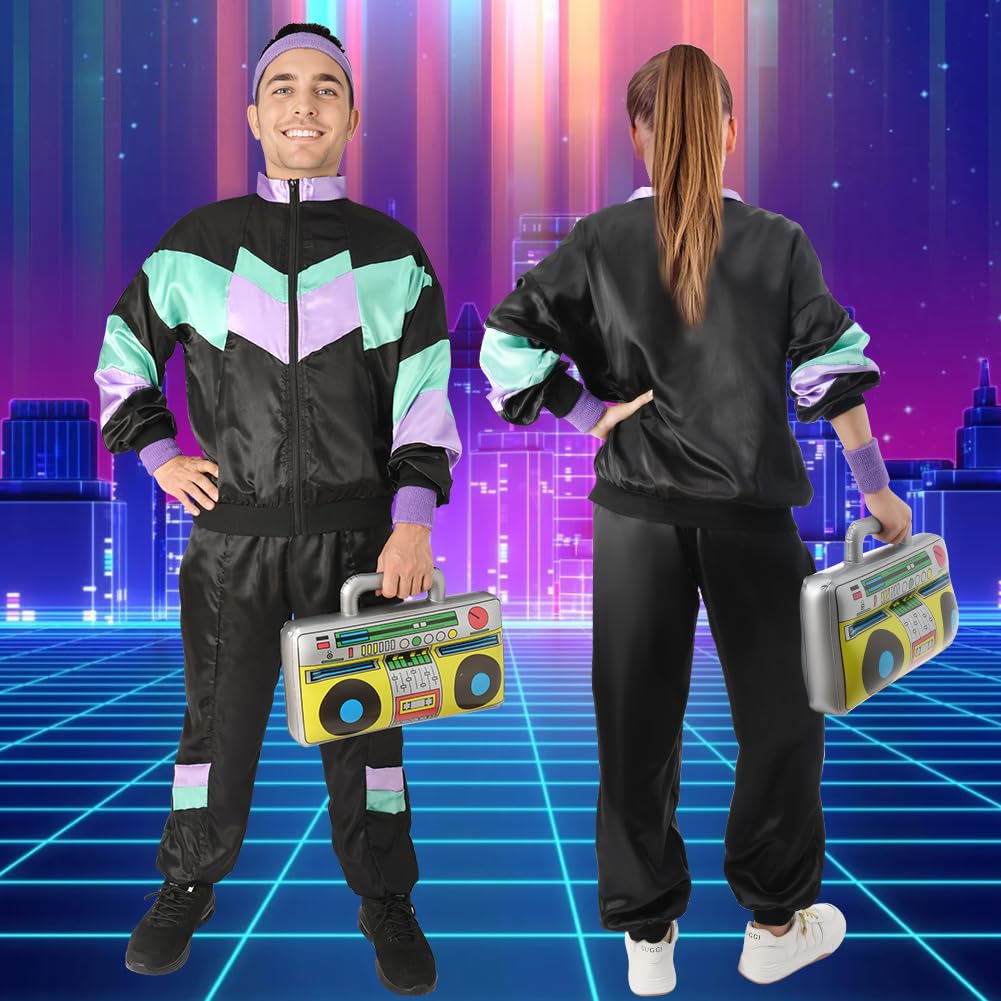 Aomig Zestaw akcesoriów do kostiumu w stylu lat 90., 80-tych, 5 sztuk, retro, dres treningowy, unisex, dyskoteka, strój na całe ciało, kurtka, spodnie, bransoletka i opaska na czoło w stylu lat 80