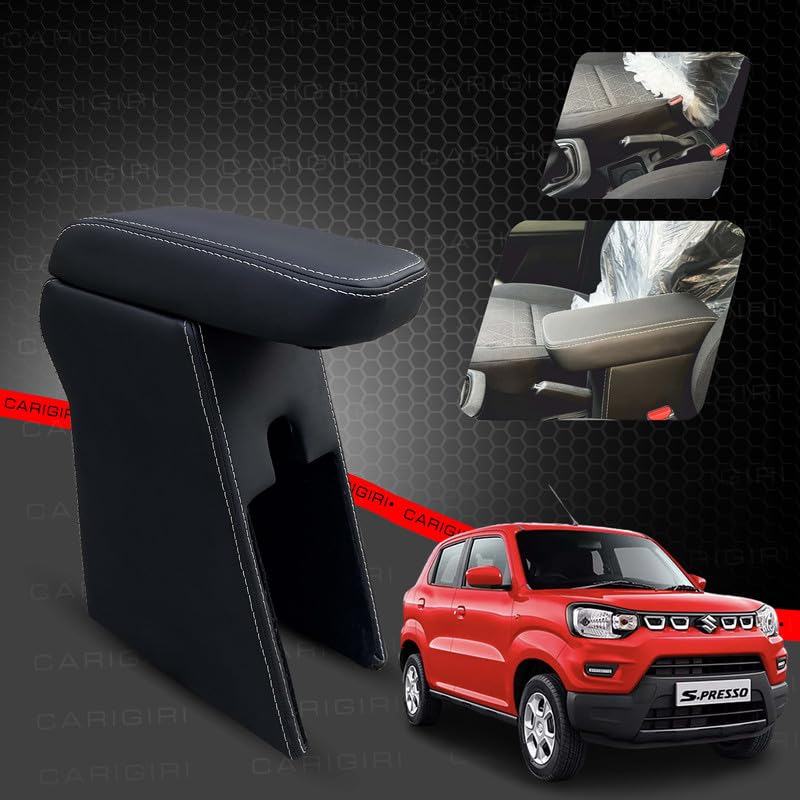 Image of Carigiri Premium Finish Car Armrest with Storage Box And High Density Moulded Foam For Maruti Suzuki S.Presso (Black With White Double Stitching,Nappa Leatherette)