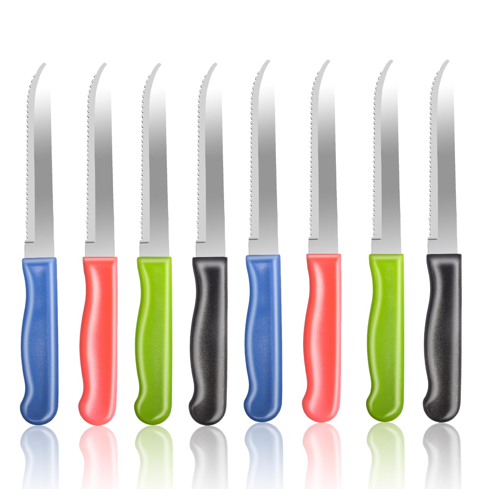 XIKAYA Set di 8 Coltelli da Cucina e da Tavola, Acciaio Inox Colorato - Multiuso per Colazione, Bistecca, Pane, Pomodoro (Incluso Seghettato e Affettatore)