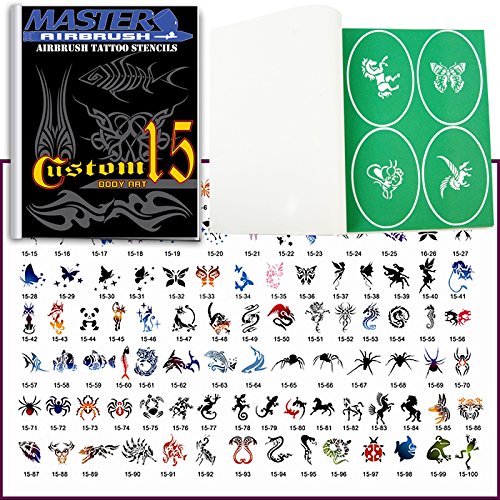 Master Airbrush Airbrush Tattoo Stencils Set Book #15 Reuseable Tattoo Template Set, Book Contains 102 Unique Stencil Designs, Vinyl Sheets with a Self Adhesive Backing.