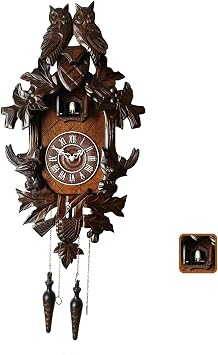 Ninefish Cuckoo Clock 21x13 Inch Black Forest Style Wall Clock with Dual Owls, Night Mode & Automatic Light Sensor, Hand-Painted Quartz Pendulum Clock for Living Room Decor