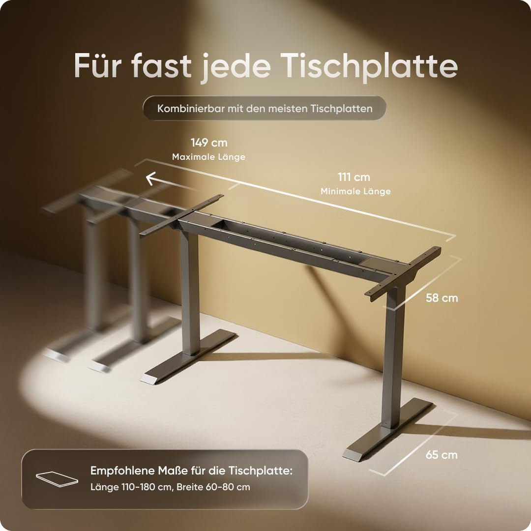PRO Höhenverstellbarer Schreibtisch Gestell (elektrisch) - Schreibtischgestell Höhenverstellbar mit Kollisionsschutz, Memory Funktion, USB-Anschluss und 5 Jahre Gewährleistung (Grau)