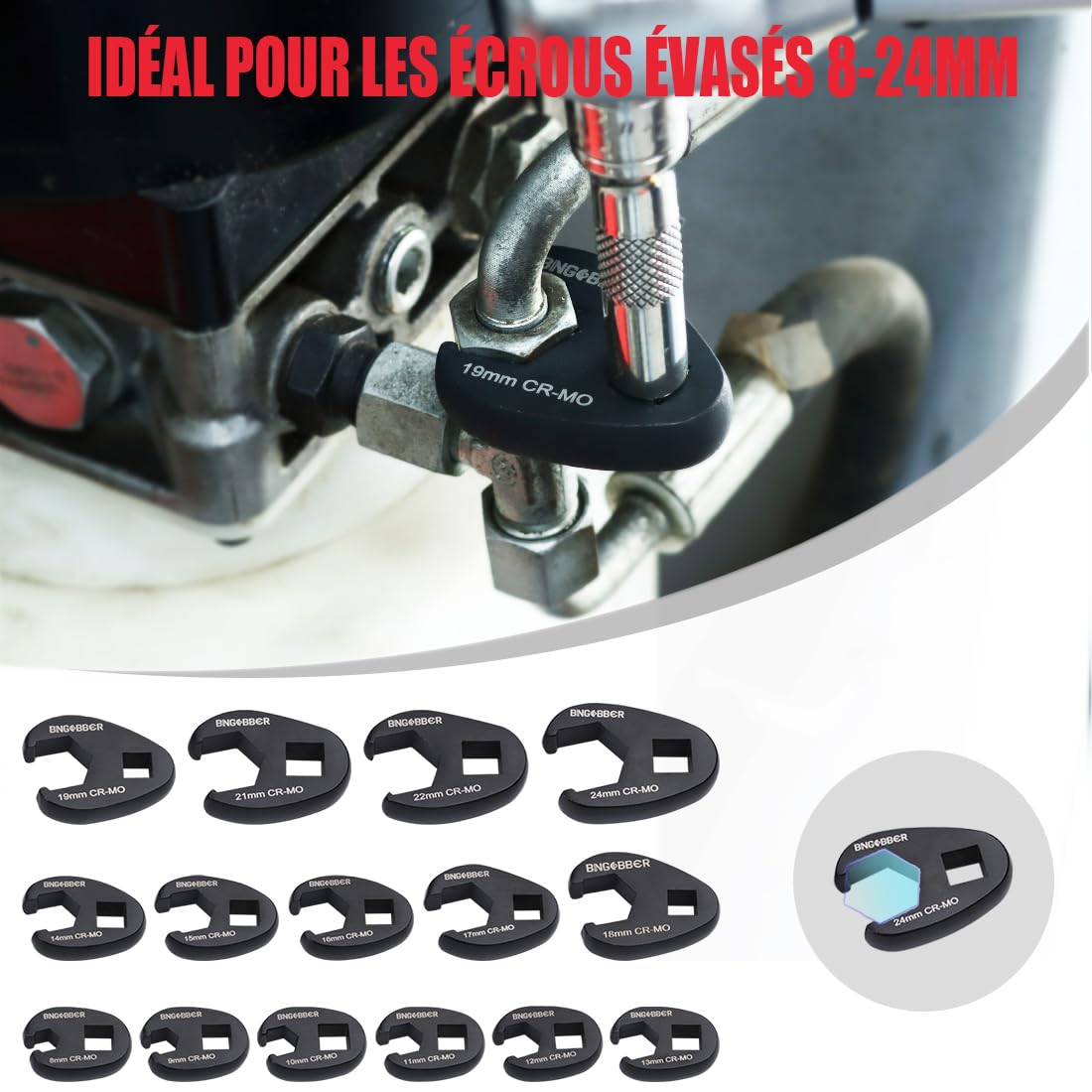 15 PCS Ensemble de clé à Fourche à emmancher Métrique 1/2 3/8" | Coffret de douilles à tuyauter,clé à écrou évasé,8-24mm