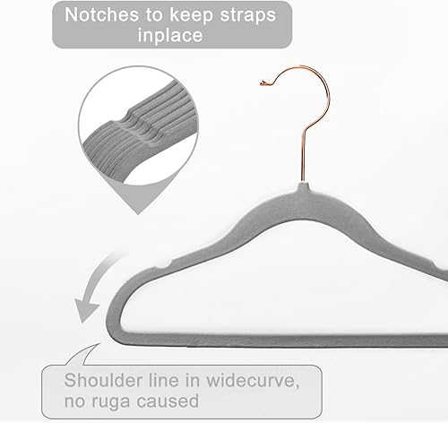 Miniatura 3 de MIZGI Ganchos premium de terciopelo para niños (paquete de 50) con ganchos de cobreoro rosa, ahorro de espacio, ultra-delgados, antideslizantes, uso