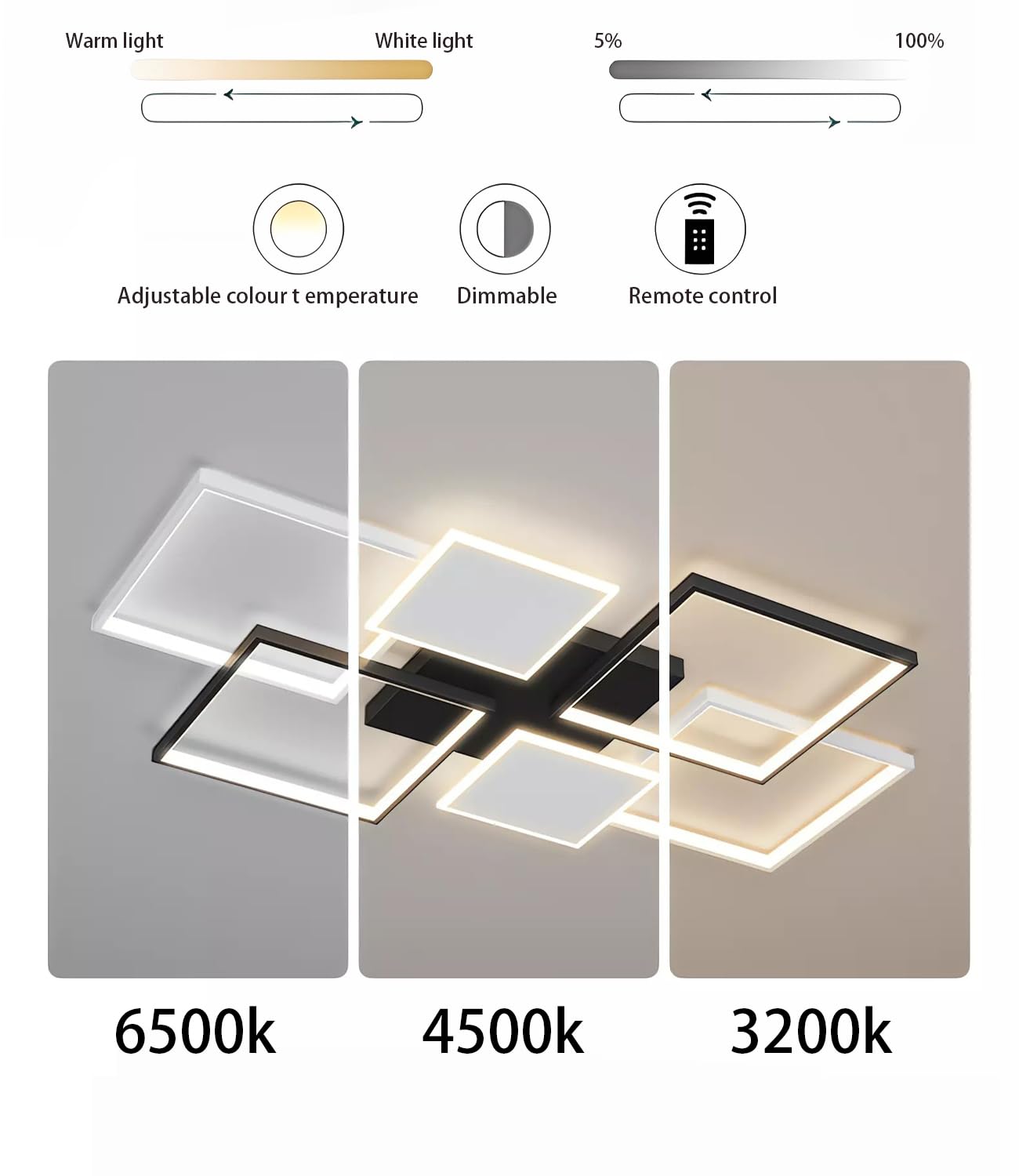 Dimmbare LED-Deckenleuchte Einfachheit Wohnzimmer Deckenleuchte Quadratische Deckenleuchte mit Fernbedienung für Schlafzimmer Esstisch Büro (Schwarz, L110cm)