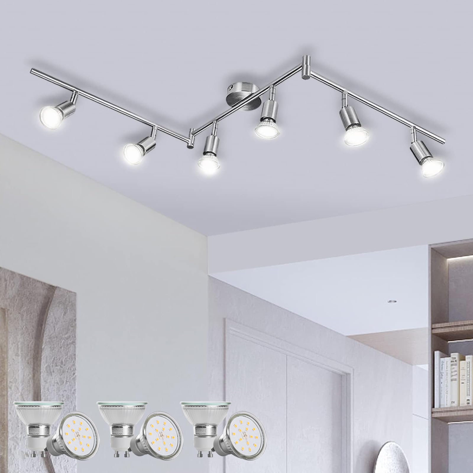 Bojim Rotatable Kitchen Ceiling Light, Adjustable Bedroom Spotlights, Nickel LED Track Lighting, 6 Way Ceiling Light Indoor 6 GU10 Bulbs, 6W 4000K for Living Room Gym Office - 6 Spotlights / Neutral White / Matt Nickel