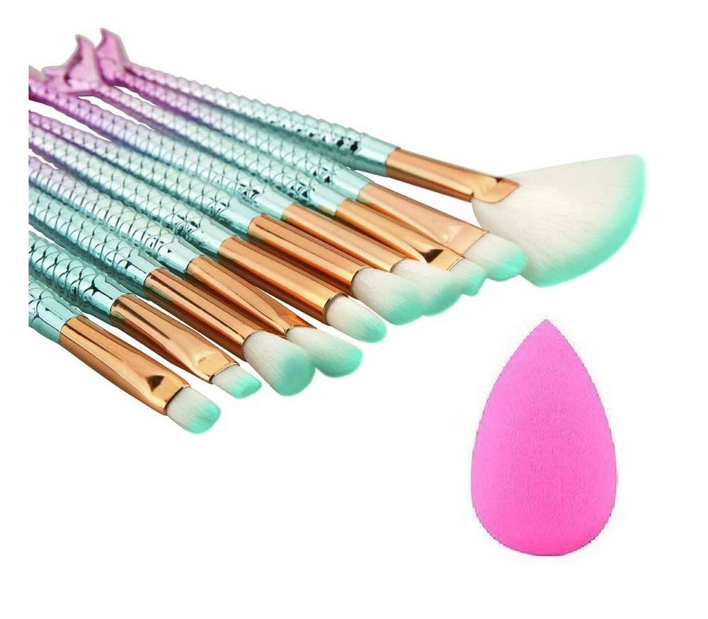 Datnasayad Women's & Girl's Mermaid Makeup Brushes Set with One Pink Beauty Blender - (Pack of 10)-image-22