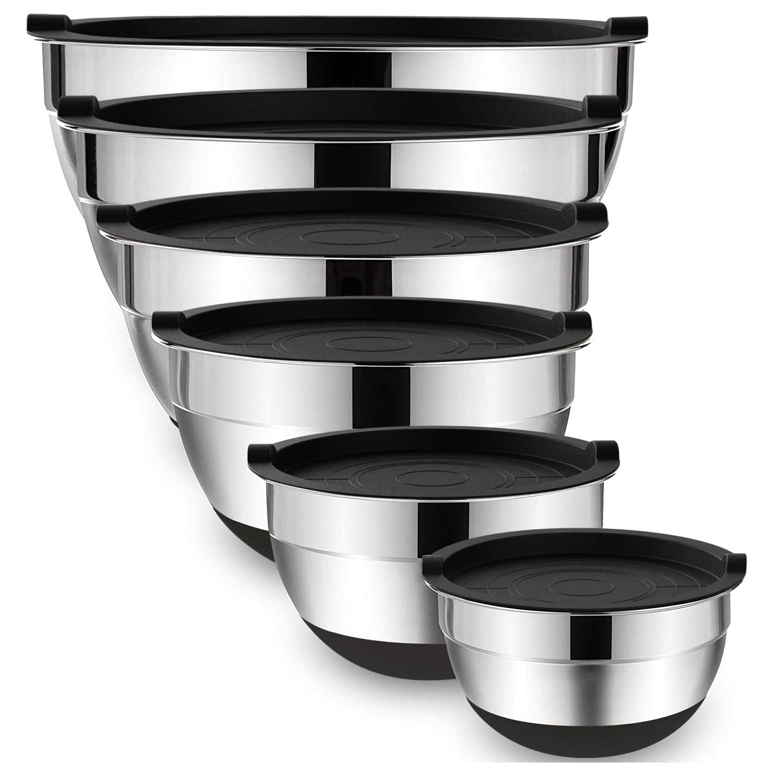Mixing Bowls with Airtight Lids, Stackable Stainless Steel Mixing Bowls Set, Space Saving Storage, Non-slip Bottom Mixing Bowls for Mixing and Prepping Different Sizes (Black, 6 Pcs)