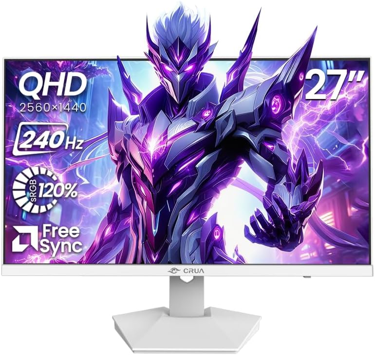 CRUA Gaming Monitor, 27-inch PC Monitor 240Hz WQHD (2560x1440) Display, HDMI 2.0 & DP1.4 FreeSync Support, Blue Light Reduction, Tilt Adjustment, 120% RGB Wide Color Gamut, Wall Mount