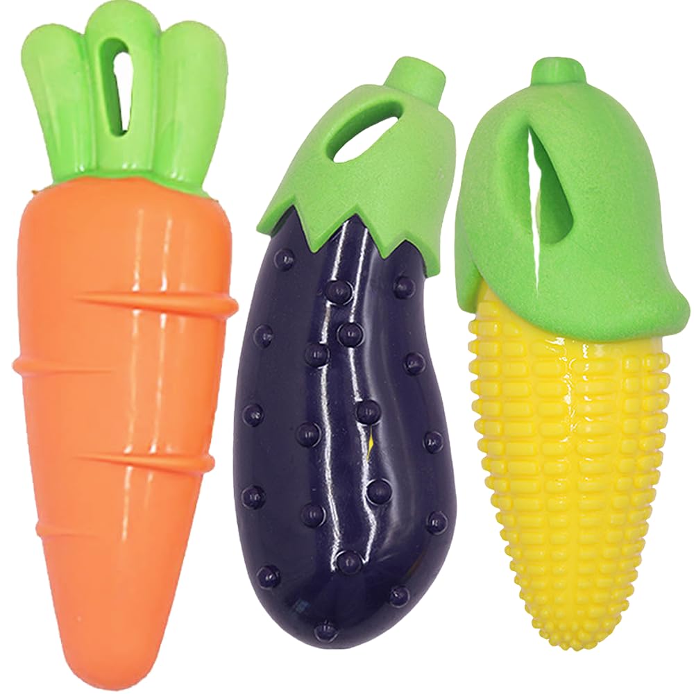 3-Pack Indestructible Dog Chew Toys for Aggressive Chewers Squeaky Dog Teething Toys for Medium Large Dogs Rubber Carrot Corn Eggplant Design
