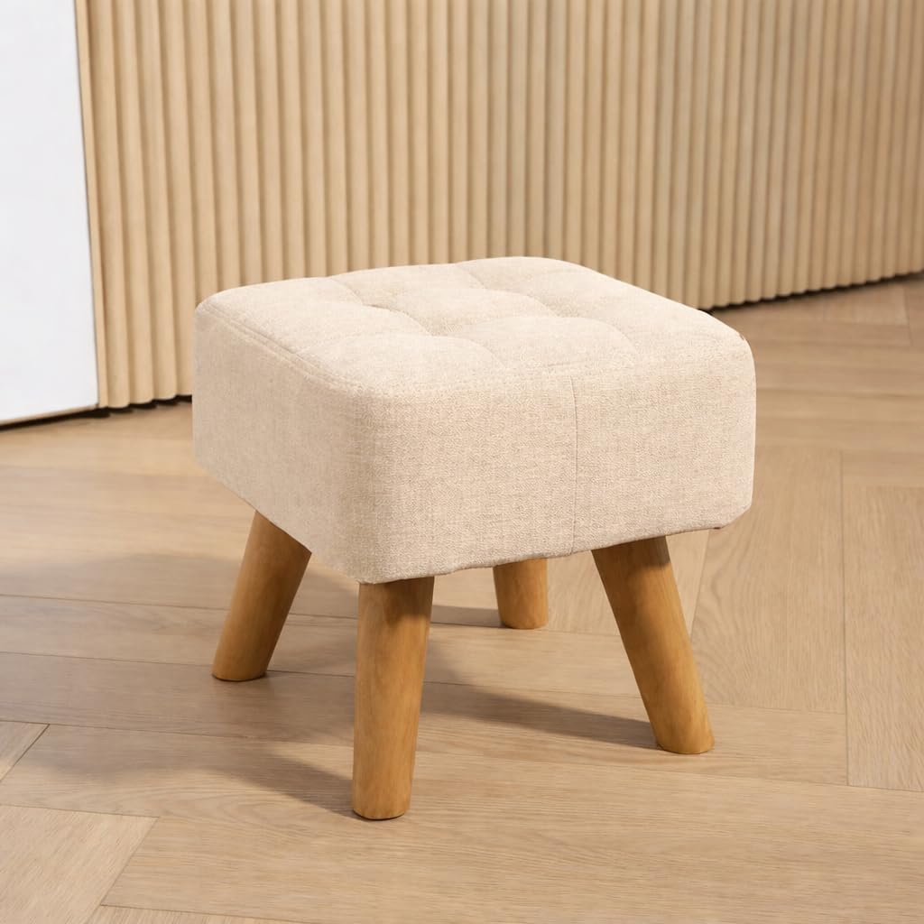Superior Velvet Ottoman Foot Stool with Solid Wood Legs and a Compact, Puffy Foot Rest for Living Room, Bedroom, and Makeup Table | Contemporary Interior Design Cream-image-27