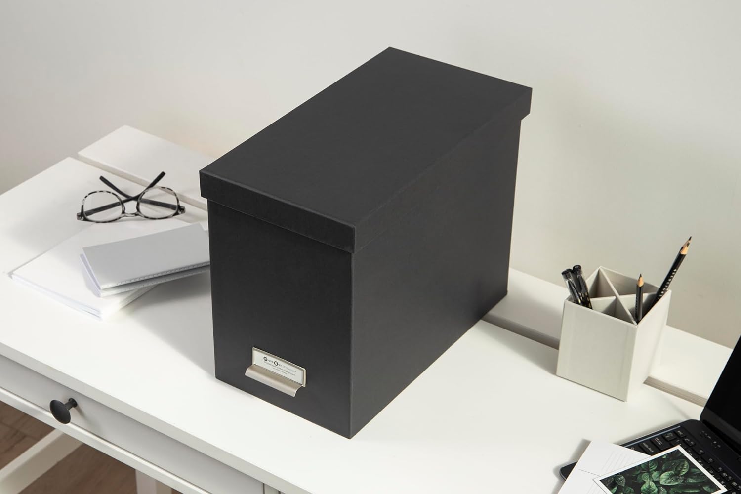 Bigso Box of Sweden File Organiser Storage Unit - Stylish Organiser Box Including 8 Hanging Files - Container for Folders Made of Fibreboard and Paper - Dark Grey