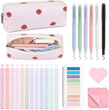 22Pcs Book Annotation Kit Aesthetic Pencil Case with Supplies School Annotation Supplies Gel Pen Transparent Sticky Note Taking Bible Study College Stationery Supplie Pink Strawberry