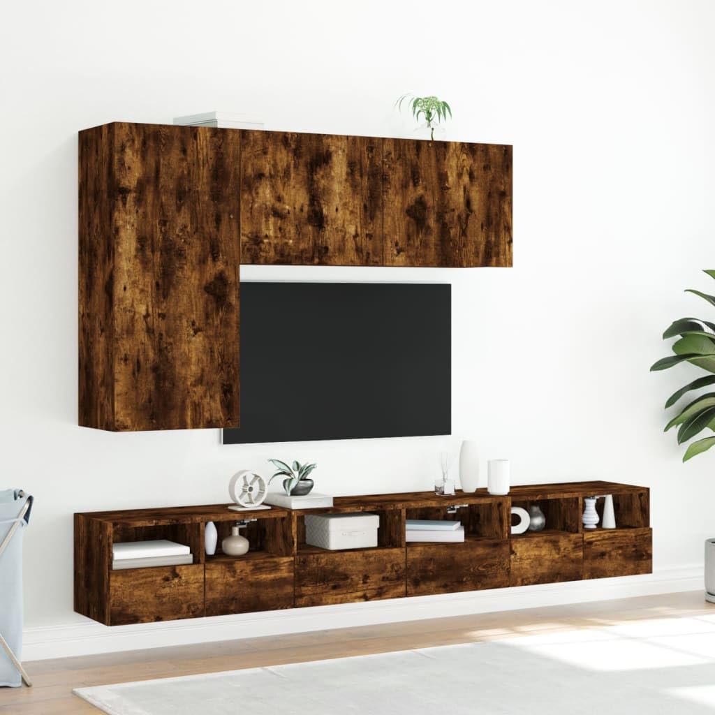 Fengshui Mobile da parete per TV, in legno di rovere affumicato, 60 x 30 x 30 cm | 2 ripiani, 2 scomparti dietro la porta, montaggio a parete, spazio per libri e DVD