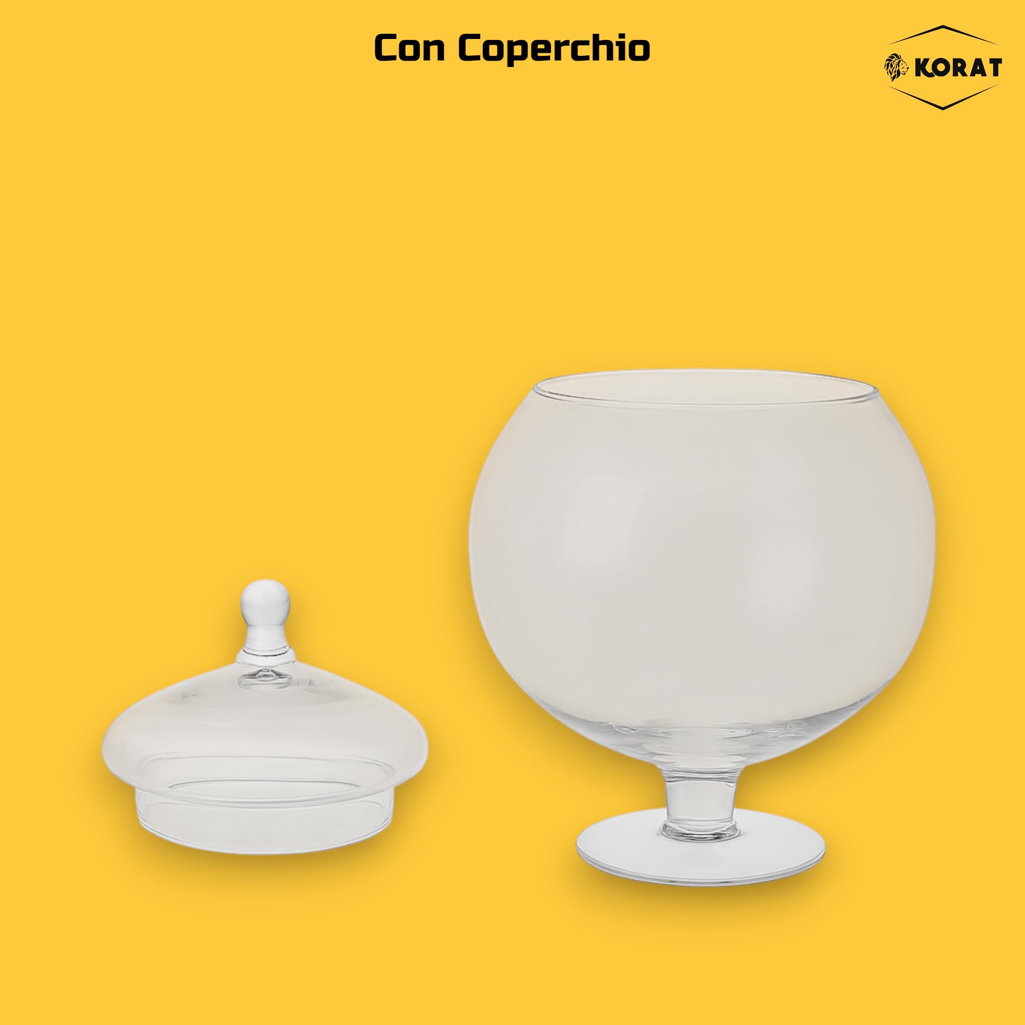 KORAT Barattolo Bombato in Vetro Trasparente con Coperchio 21x21x29 cm Contenitore Elegante in Vetro Soffiato per Caramelle, Decorazioni o Eventi Design Classico con Piedistallo