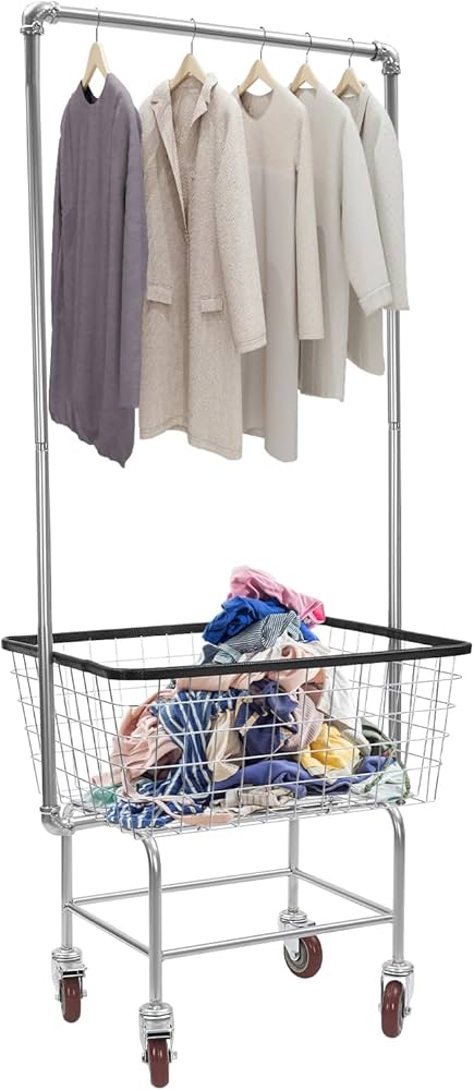 極美品】LAUNDRY CART WITH POLE RACK CHROME Large Capacity Laundry