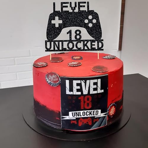 Level 18 Unlocked Cake Topper, Video Game Cake Topper, Game Controller Cake Topper For 18Th Birthday Party Decoration #TOP1