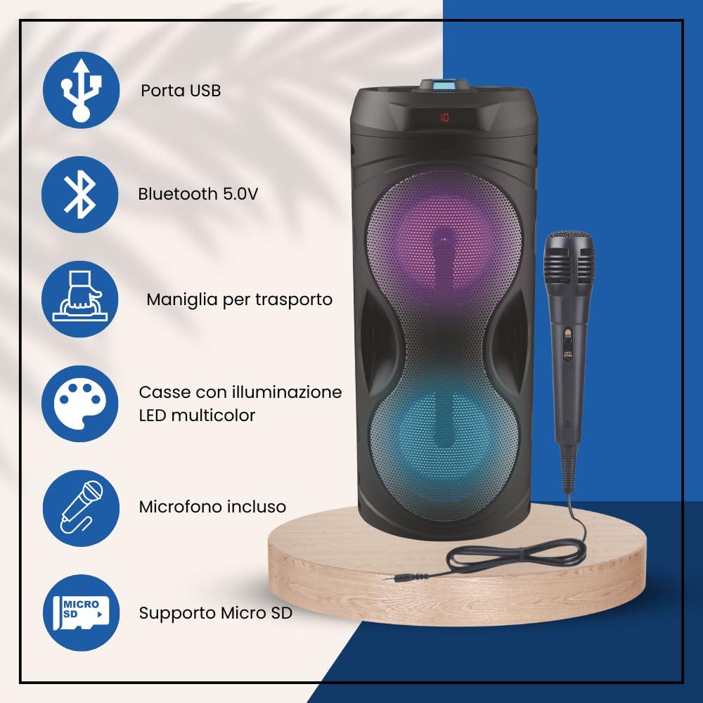 Bijoux - Cassa Audio Bluetooth Portatile con Microfono Incluso, PartySpeaker 100W, Effetti Luce LED, Compatibile con USB, Micro SD, AUX e Radio FM, Speaker per Feste, Karaoke, Musica e Allenamenti