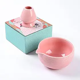 Tigela Matcha tradicional com bico de derramamento e suporte para batedor (remodelador) - Kit ritual Matcha Chasen feito à mão estilo japonês - 650 ml tigela grande de suco de mingau de salada (rosa bebê)